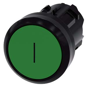Pushbutton, 22 mm, round, plastic, green, inscription: I, pushbutton, flat, momentary contact type